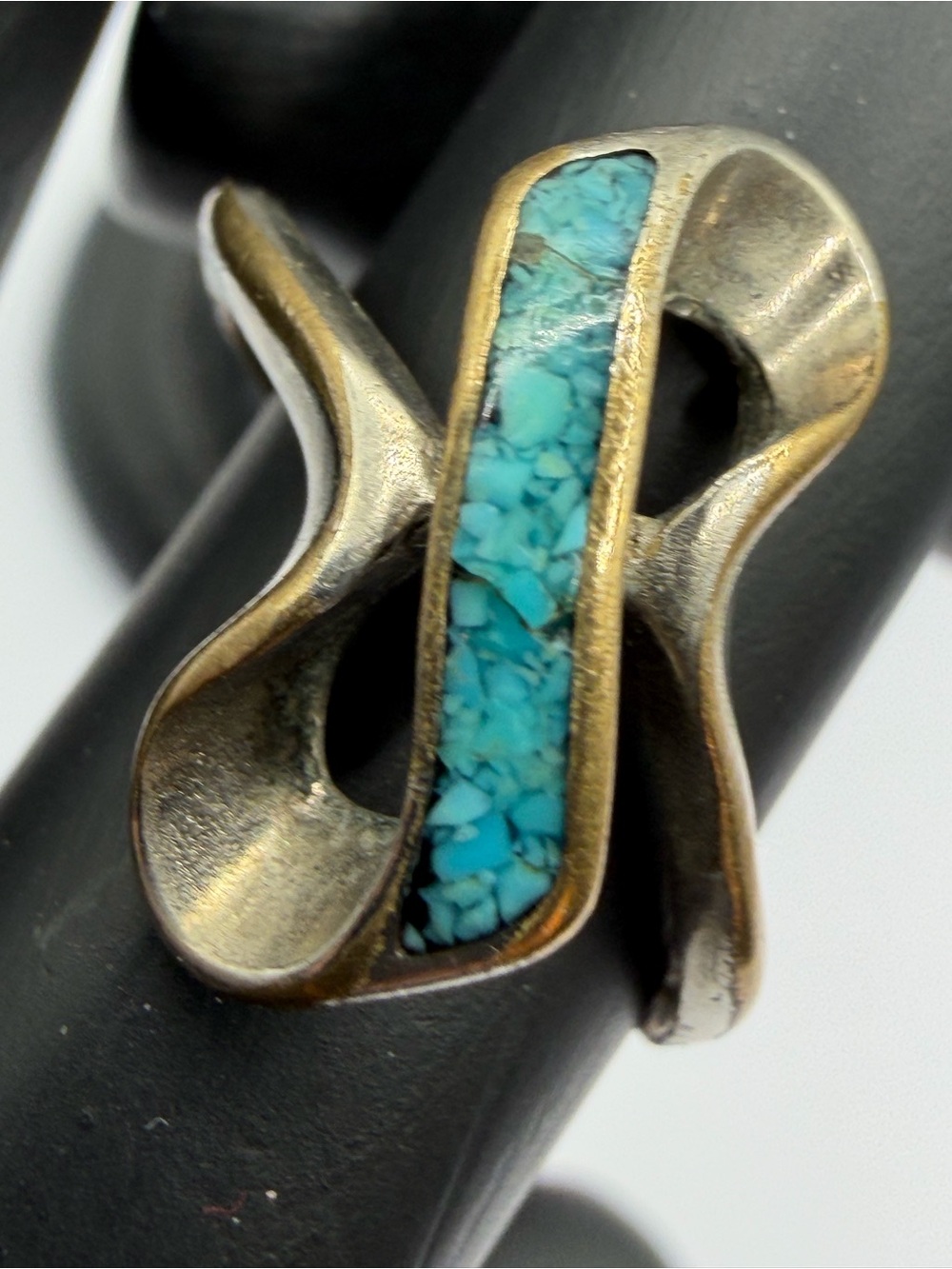VTG 70s Southwestern Wave Wrap Ring Size 4 Turquoise Chip Inlay Boho
